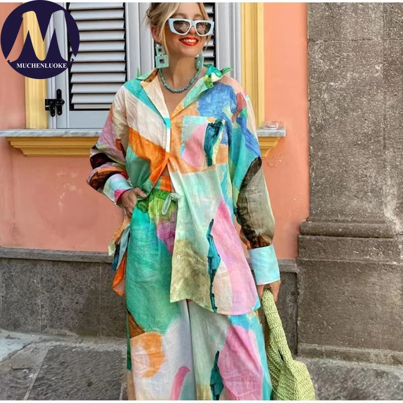 

Женский комплект из 2 предметов, летняя рубашка с длинными рукавами и лацканами, топы, костюмы, модные повседневные свободные комплекты с широкими брюками