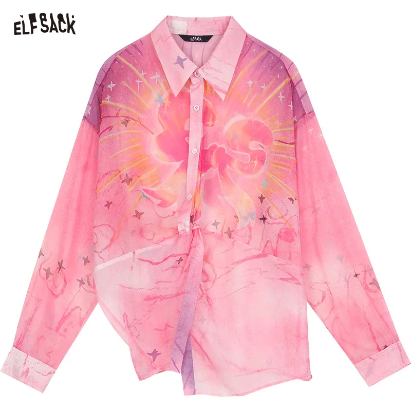 2024 Summer ELFSACK New Arrivals Pink gradient sweet print high-end loose slim temperament shirt for women