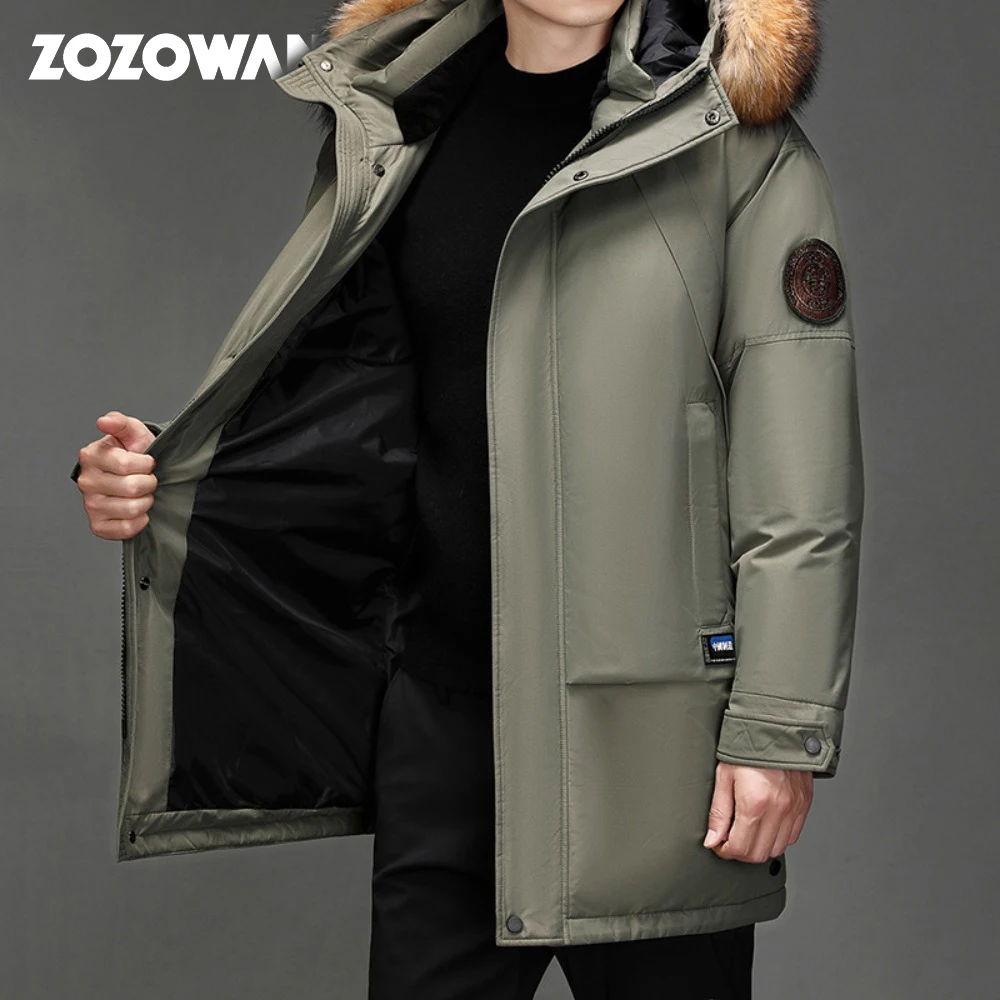 ZOZOWANG New Mens Winter White Duck Down Jacket Mid-Length Hooded Thick Plus Size Tooling Plus Size Winter Warm Down Jacket