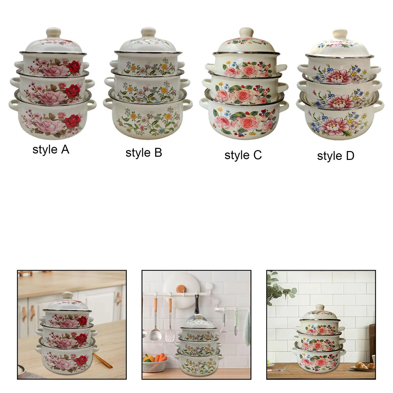 3 Pieces Enamel Stockpots with Lid Stew Bean Simmer Pot Kitchen Appliances Portable Double Handle Cooking Pots for Kitchen