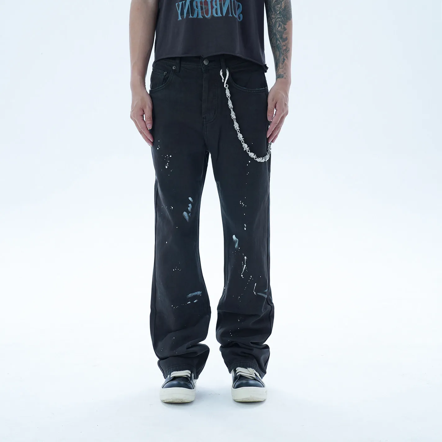 Fashionable American Retro Splash-Ink Painting Distressed Loose Micro-Flared Jeans for Men