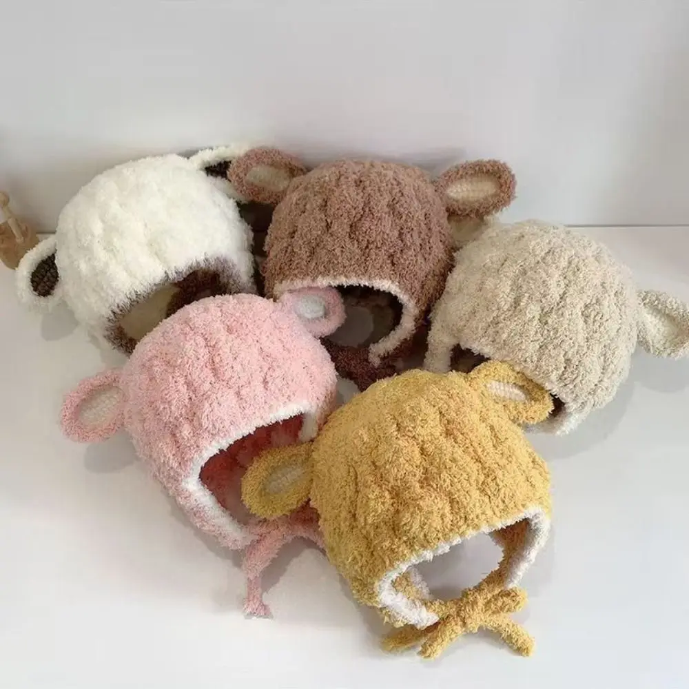 

Sweet Lamb Plush Animal Hats Scarf Solid Color Korean Style Children Fleece Hat Fashion Design Cartoon Plush Hat with Scarf Baby