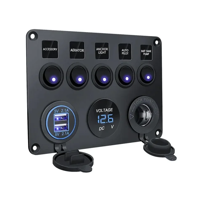 5-Position cat's eye round switch panel combination USB voltmeter female seat 12-24V car modified car charging panel