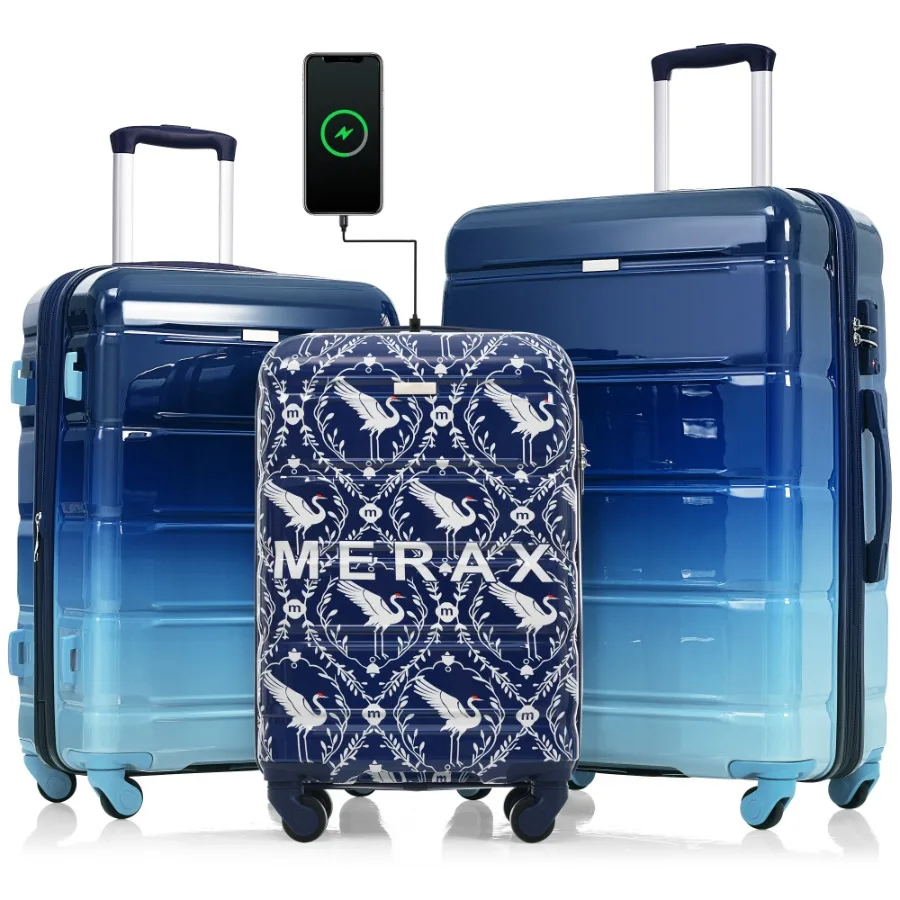 Luggage Set of 3, 20-inch with USB Port, Airline Certified Carry-on Luggage, ABS+PC Hard Shell Luggage with Spinner Wheels, Ind