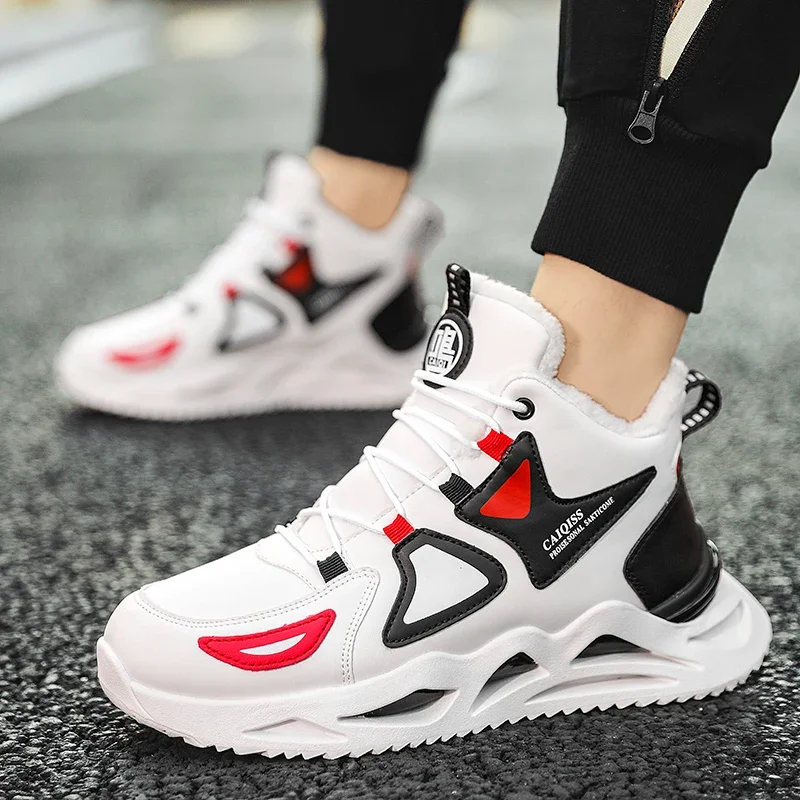 

Зимняя мужская обувь, обувь для бега с мехом, спортивная обувь для снега на открытом воздухе, очень теплые Нескользящие кроссовки, черная кожаная обувь