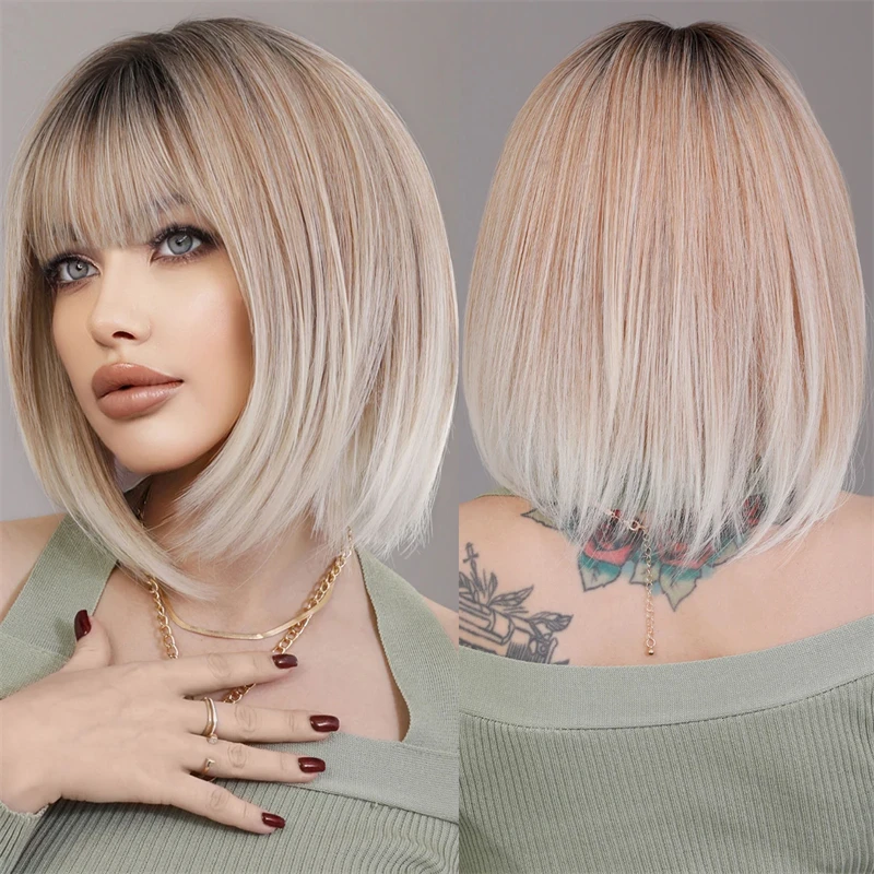 100%  Human Hair Wigs Ombre Platinum Ash Blonde Straight Bob With Bangs HD Transparent Lace Front Wigs Glueless Wigs Dark Roots