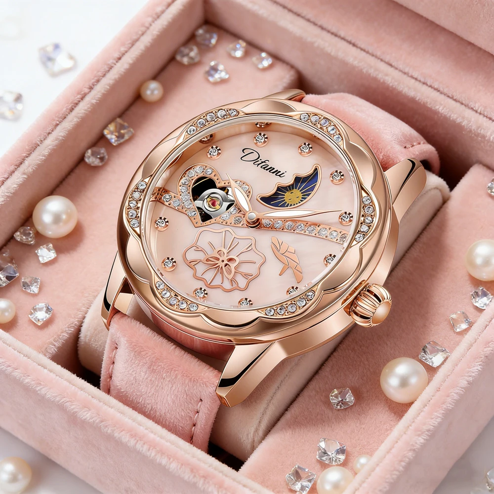 Fashion Classic Pink Mechanical Watch for Women Leather Waterproof Fashion Butterfly Second Hand Design Automatic Watches Womens