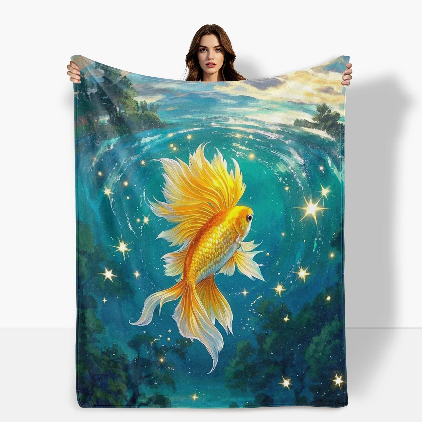 Cobertor de peixe betta pintado à mão, design inspirado no floresta, lance com tema de fantasia para decoração de casa, ideia de presente, tema aquático encantado