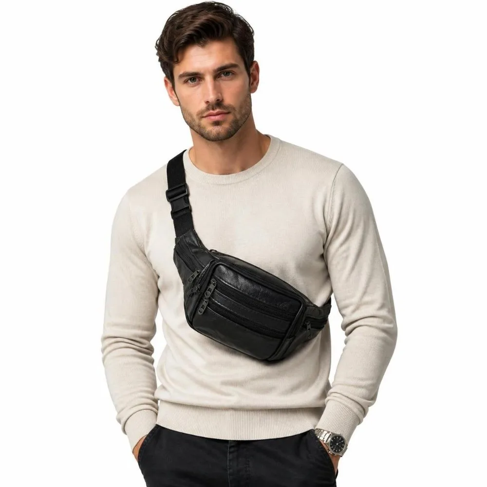 Luxury Multi-Pocket Leather Fanny Pack Leather Belt Loop Design Crossbody Waist Bag Adjustable Strap Men's Shoulder Bag Men