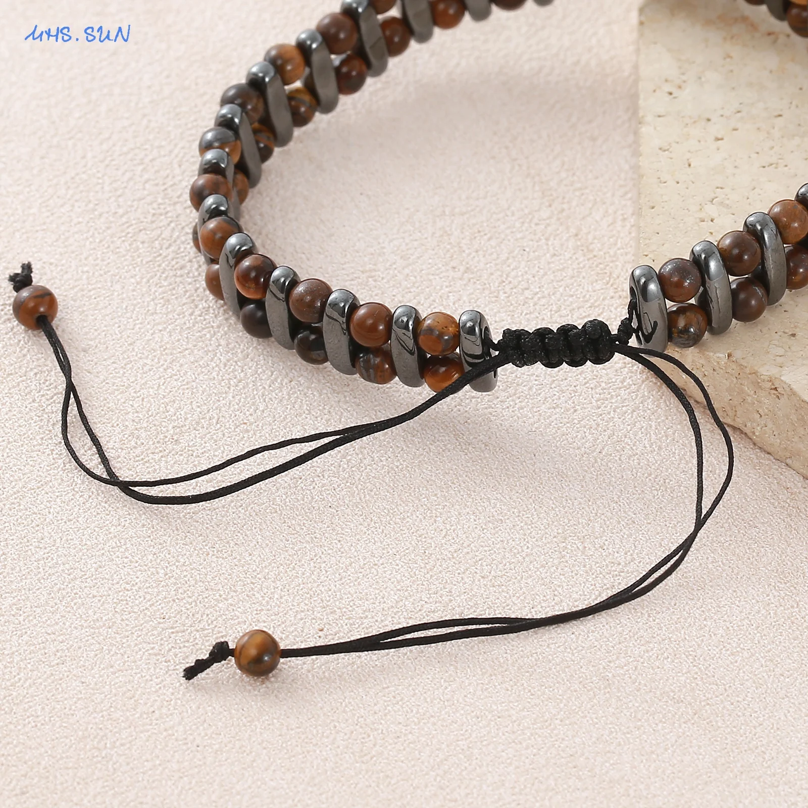 MHS.SUN Natural Stone Double Row Tiger Eye Beaded Bracelets For Women Men Adjustable Braided Bracelet Punk Style Jewelry