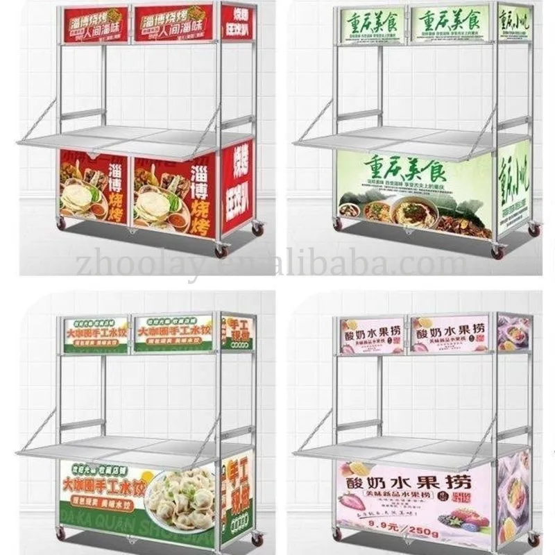 custom.Market Metal Commercial Stainless Steel Stand Portable Foldable Food Cart Movable Outdoor Display Snack Coffee Hot Dog Ca