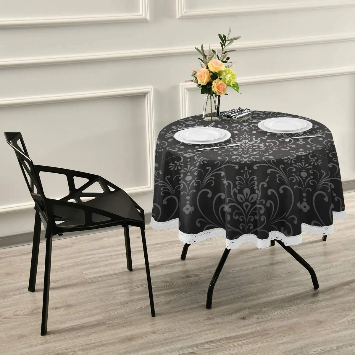 Round Table Cloth Flowers Gothic Table Cover Crease-Resistant Heat-Resistant Printed lace Tablecloth for Washable Dining Decor