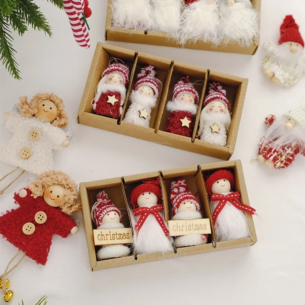 4pc/1Set Christmas Doll Knitted Fabric Santa Claus Snowman Wool Cute Deer Glow Doll Xmas Tree Hanging Decorations Ornament Dolls