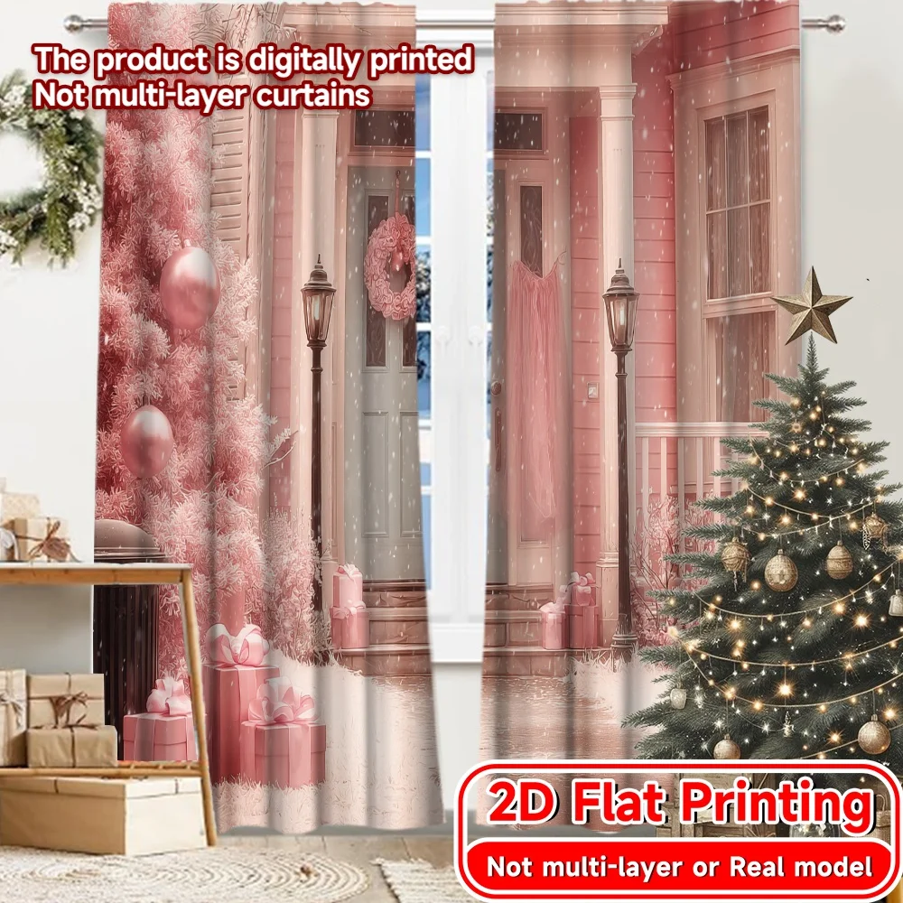 2D FLAT PRINTING 2pcs Curtains (Without Rod) Christmas Scene with Pink Tree Saint Patrick is Day Festival Popular