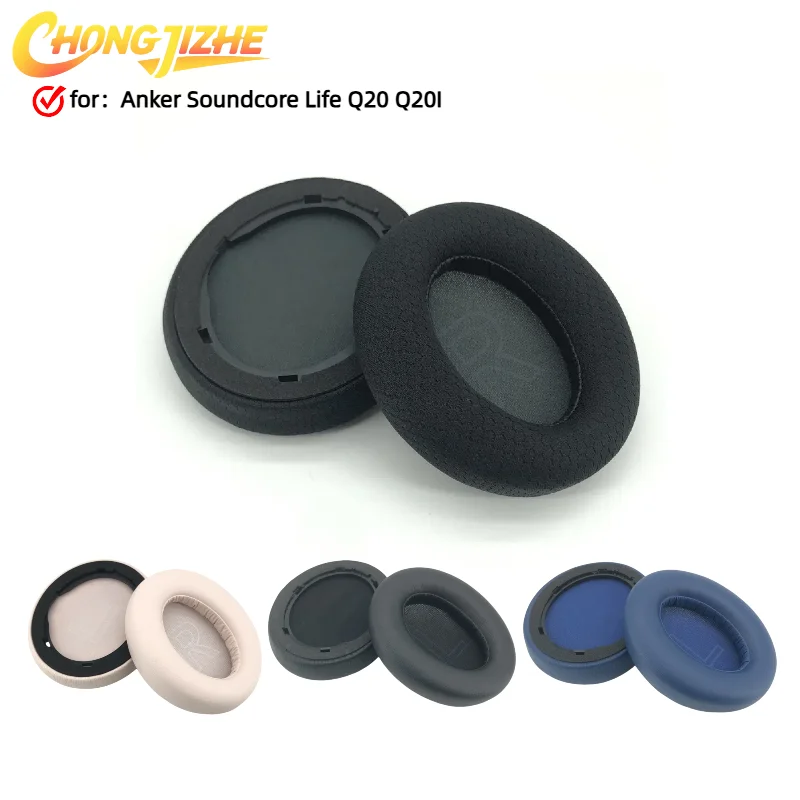

CHONGJIZHE Replacement Protein Leather memory foam Ear Pads Cushion Cover With buckle For Anker Soundcore Life Q20 Q20I Headset