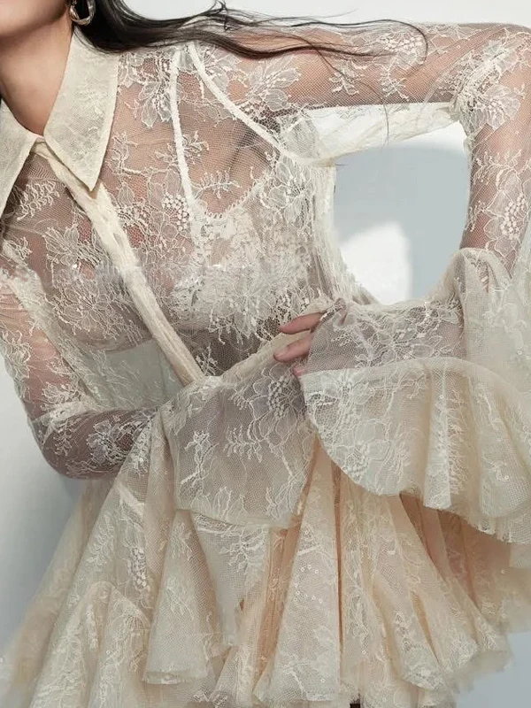 الصيف مثير الحلو الدانتيل أعلى جرس بوت تصميم تنفس رقيقة البوليستر طويل Sve طوق لون نقي Ele Sle Wome...