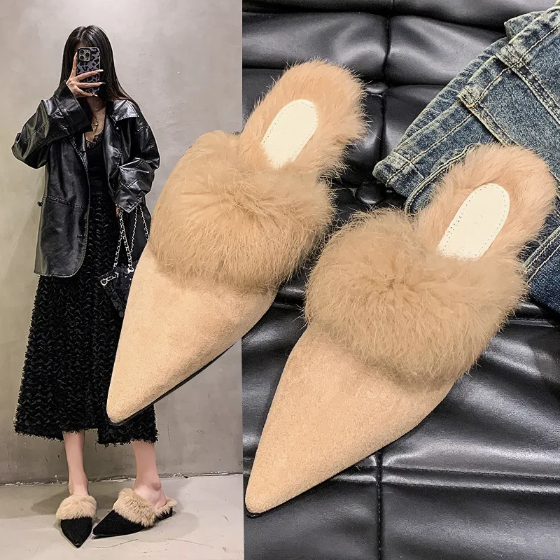

Women Fashion Pointed Toe Thin Heel Slippers Autumn Winter High Heel Closed Toe Empty Shoes