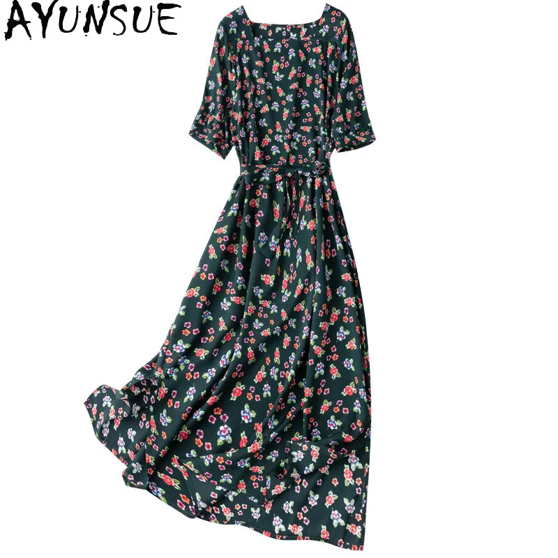 

AYUNSUE 19MM 93% Mulberry Silk Long Dress Elegant Dresses for Women printed Dress Summer Clothes New Style Vestidos De Mujer
