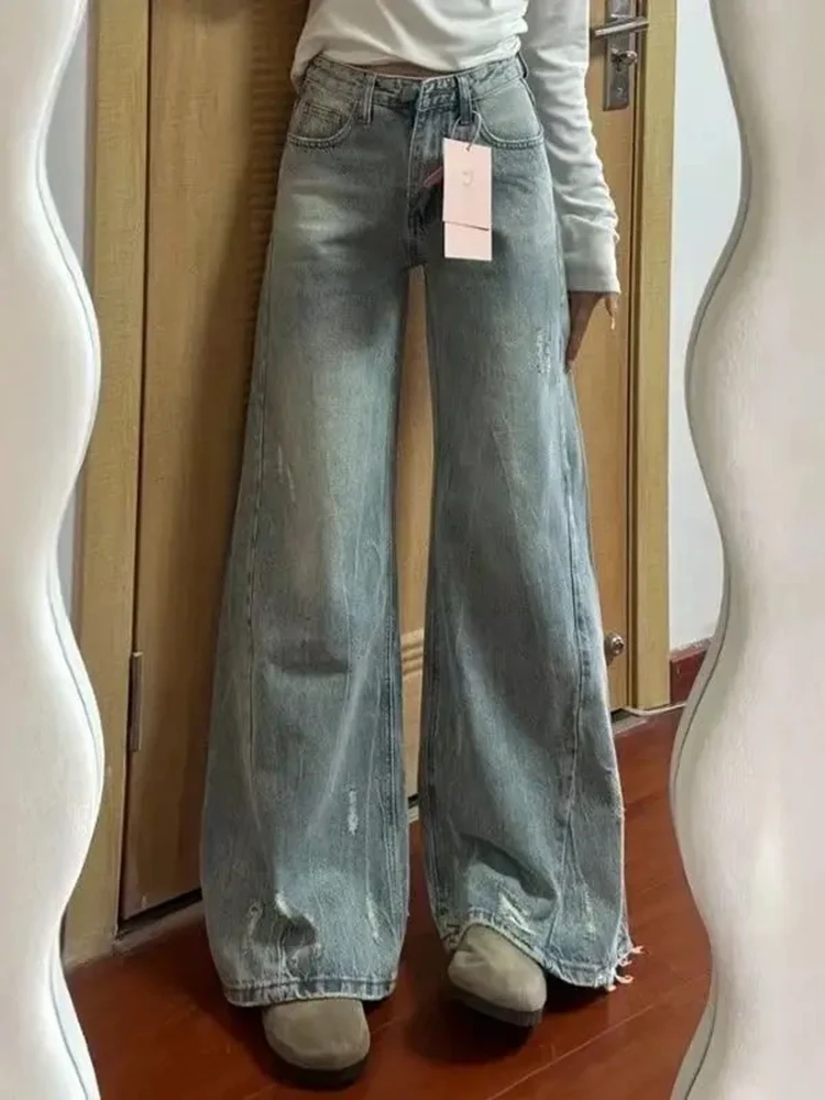 Y2K wijde pijpen jeans dames gewassen Amerikaanse retro hoog getailleerde broek versleten rechte pijpen herfst ontwerp slim fit