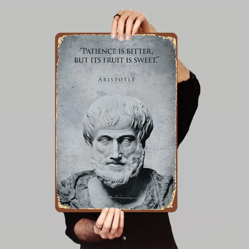 Aristotle Statue with Patience Quote Metal Wall Art Vintage Philosophy Home Decor Educational Inspirational Decorative Plaque
