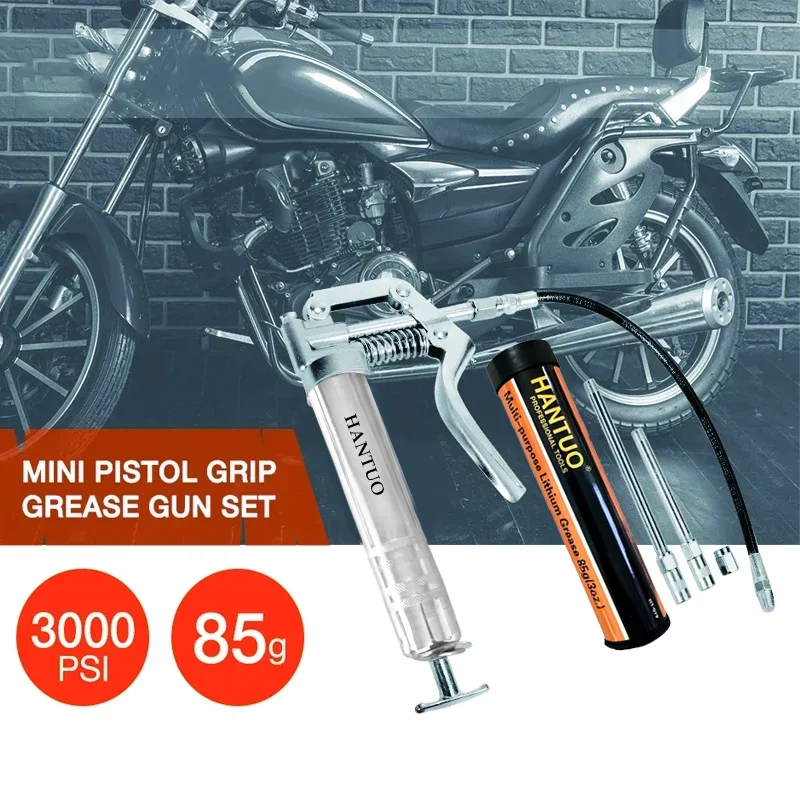 Grease Gun 3000 PSI Pistol Grip 3 oz Load 18Inch Spring Flex Hose 2Grease Couplers 2Extension Rigid Pipes and 1Sharp Type Nozzle