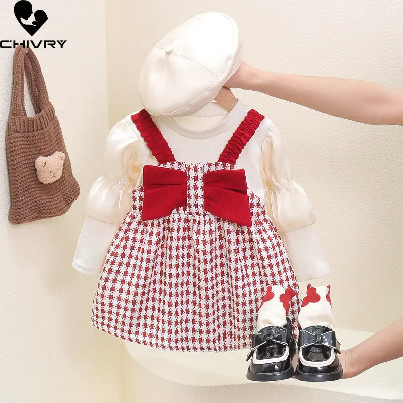 

Girls Spring Fashion Dress New 2023 Baby Girl Sweet Bowknot Plaid Long Sleeve Princess A-line Dresses Kids Clothes Vestidos