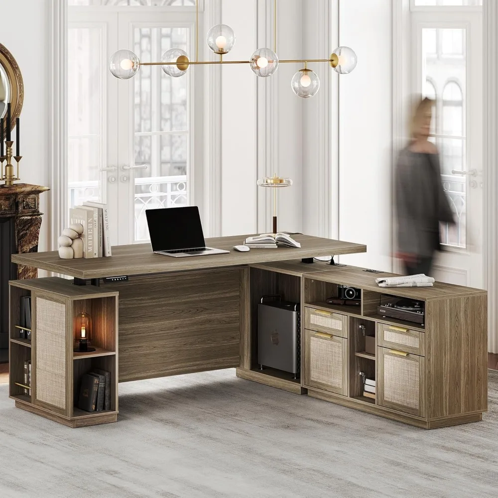 

L-Shaped Electric Adjustable Standing Desk 70" with File Cabinet, AC/USB Outlets, Privacy Panel, and Computer Executive Corner