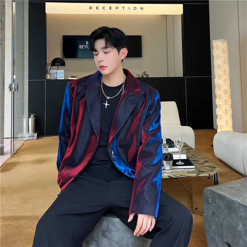 

Red Liquid Metal Suit Jaet for Men Spring Autumn Faionable Casual Long Sve Stand Fit No Ironing Required