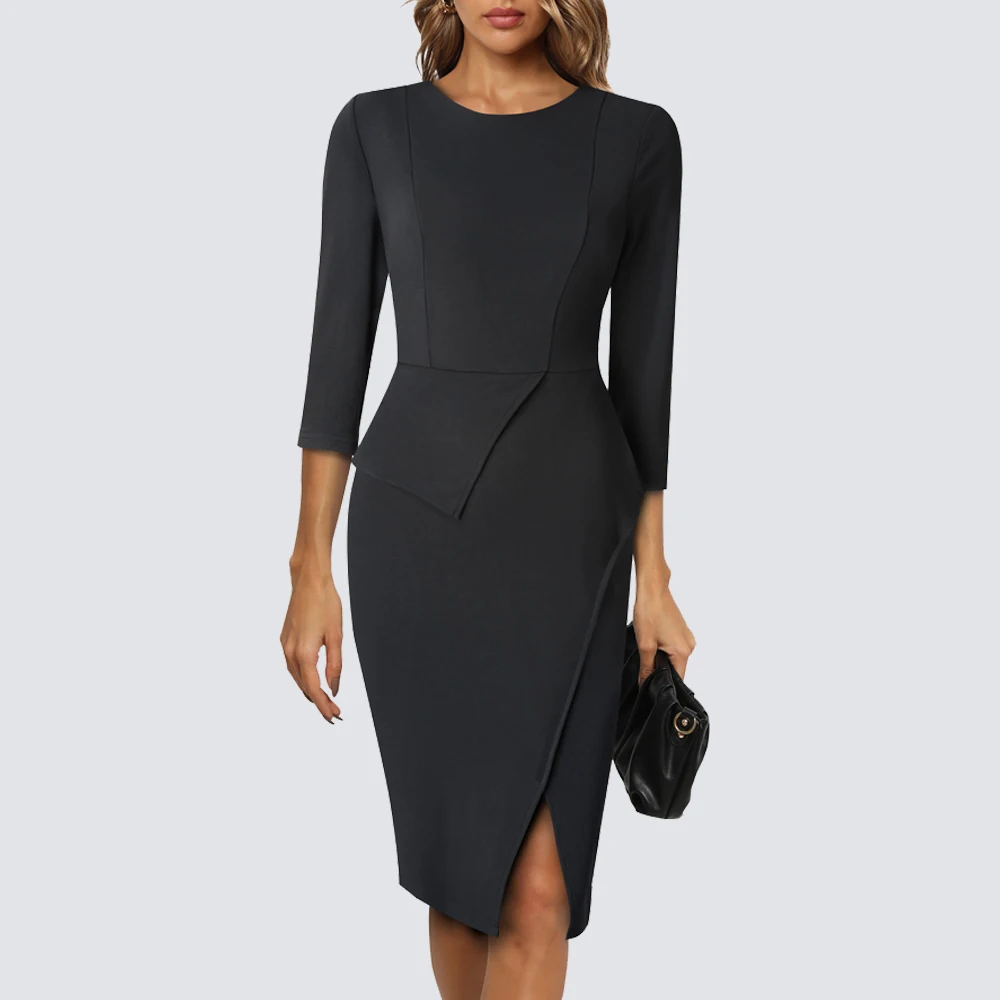 Autumn Women Fashion Solid Color Dresses Work Office Elegant Bodycon Slim Dress HB745