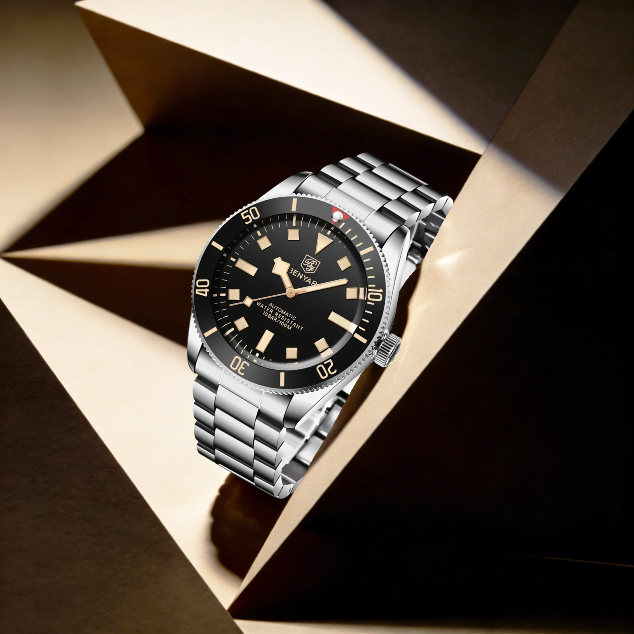 BENYAR Elegant Luxurious Men's Automatic Mechanical Watch Business Essential Stainless Steel Hardlex 10Bar Diving Luminous Watch