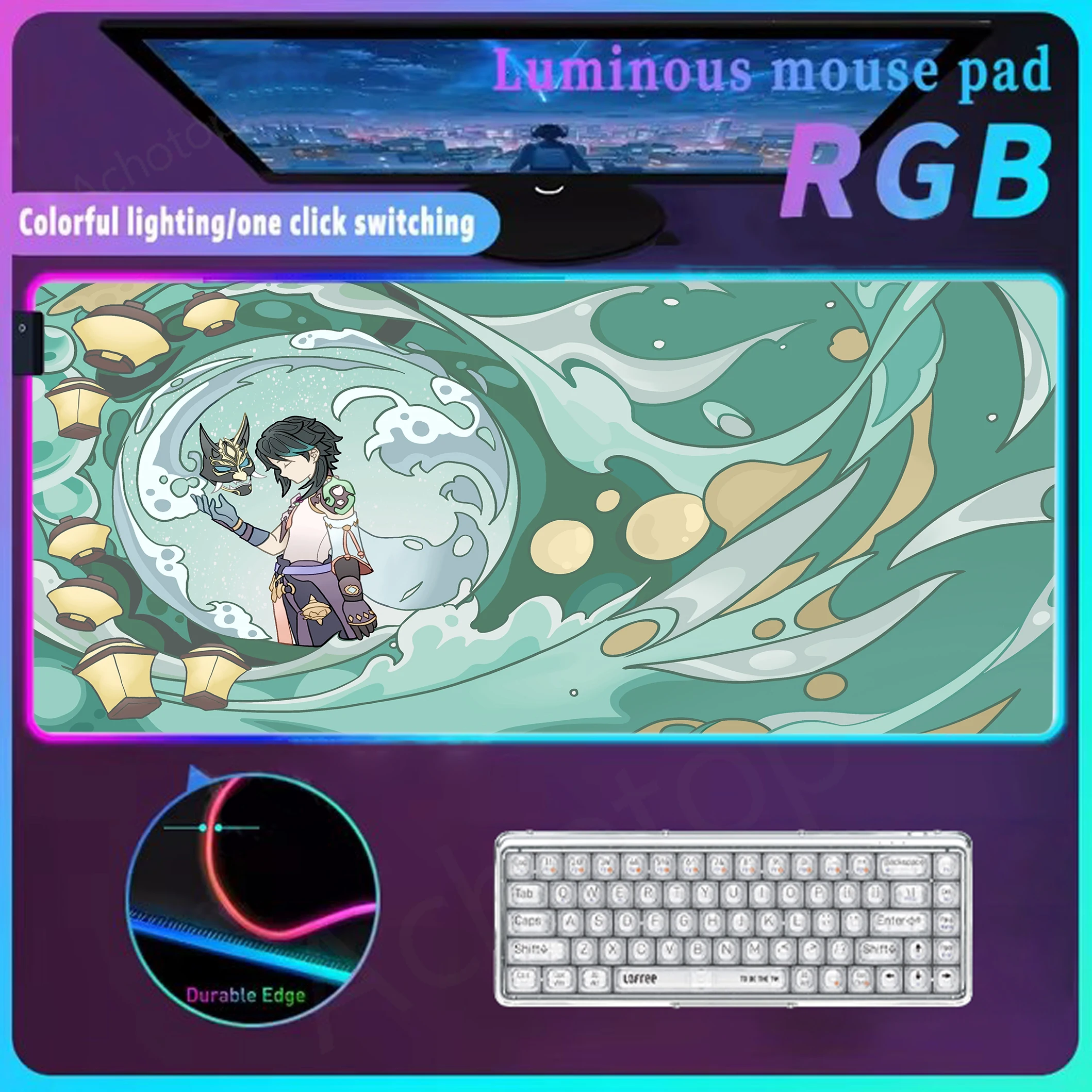 Genshin Impact Rgb Mouse Mat Gaming Mouse Pad Large Led Mousepad Rubber Mausepads Non-slip Desk Mats Glow Keyboard Mat 900x400mm