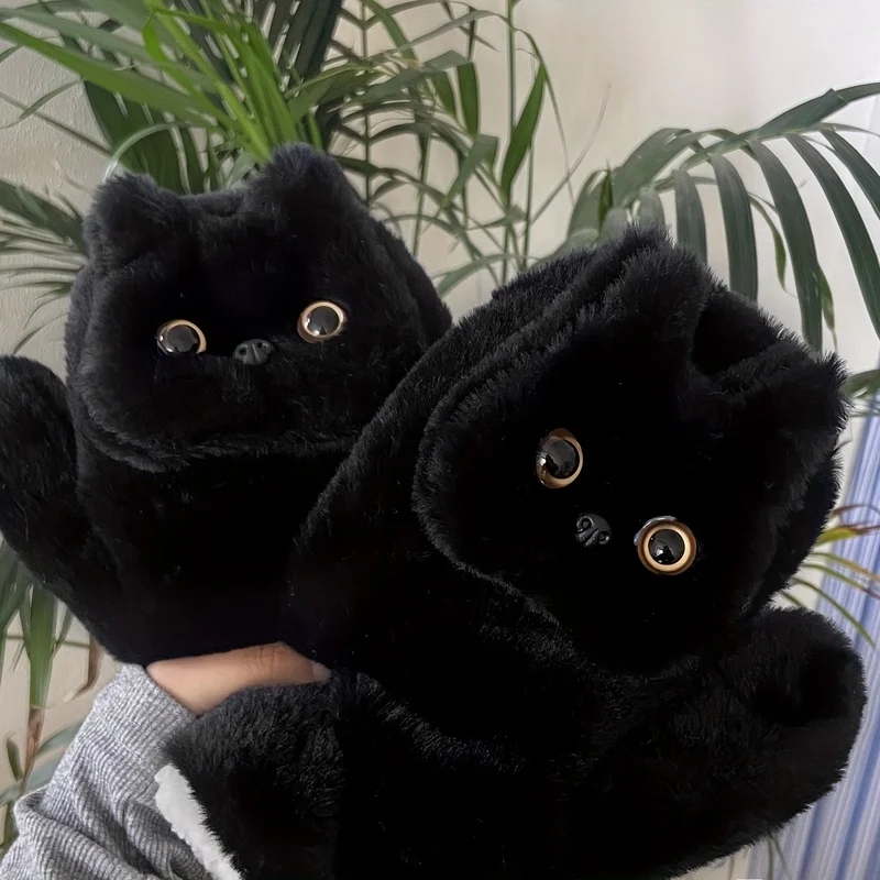 Black Cat Gloves High Aesthetic Cute Winter Windproof Cold-Proof Neck Hanging Outdoor Warm Full Coverage Wear