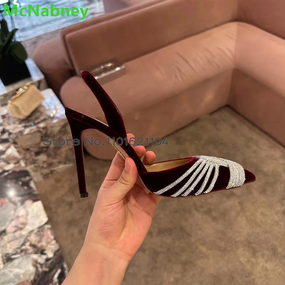 Wine Red Suede Fabric Crystal Pumps For Female Women Pointed Toe Back Strap Slingback Thin High Heel Shallow Elegant Shoes