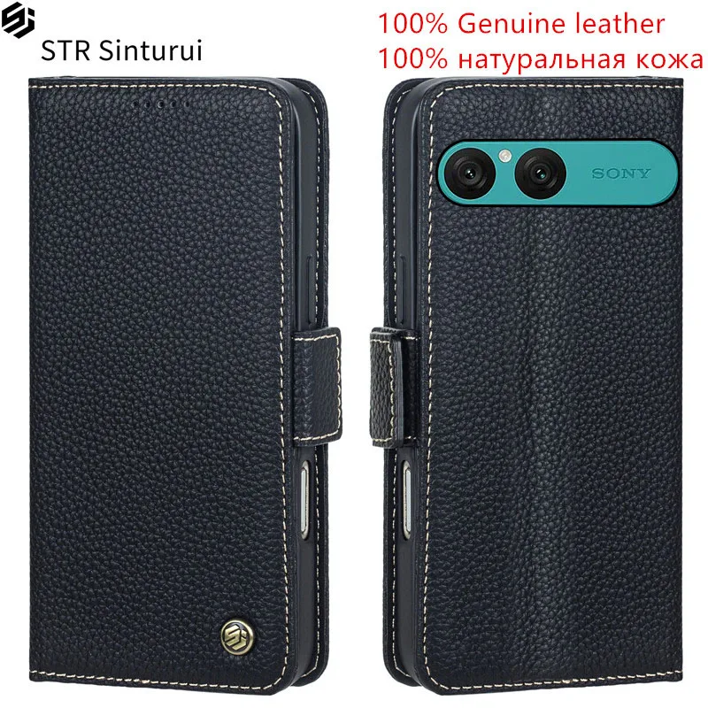 

STR Genuine lychee grain leather card Slot Wallet Cover For Sony Xperia 10 1 IV VII VI 5 V III II Flip shockproof phone Case