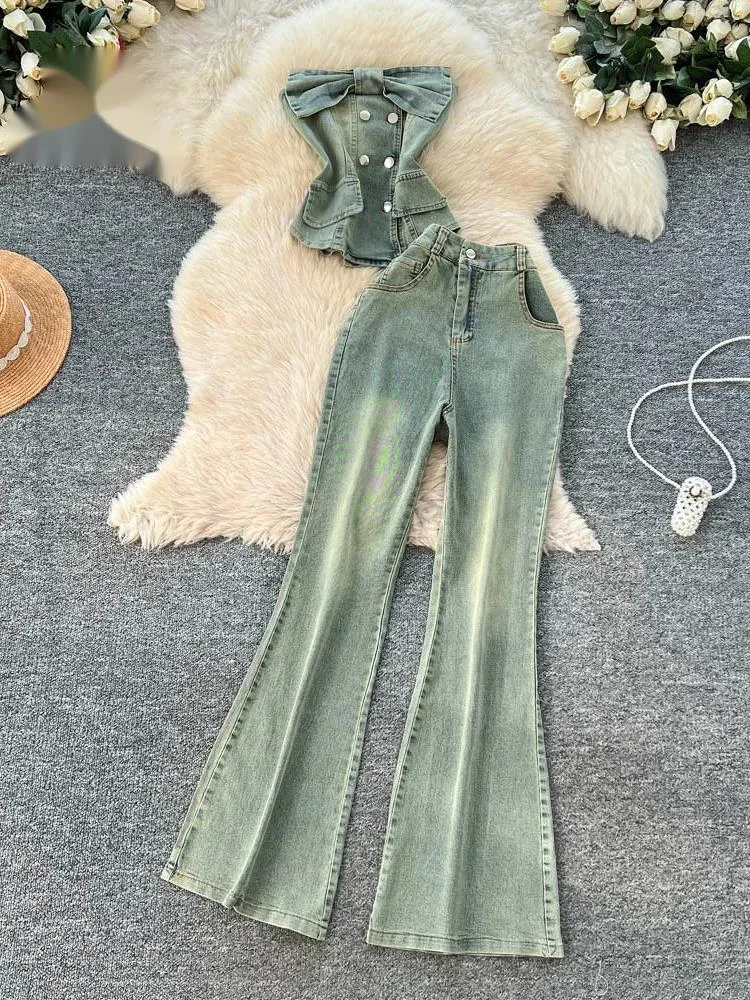 

Летний джинсовый комплект для офиса: топ без бретелек с бантом + облегающие расклешенные брюки, модный уличный французский стиль, 2 предмета