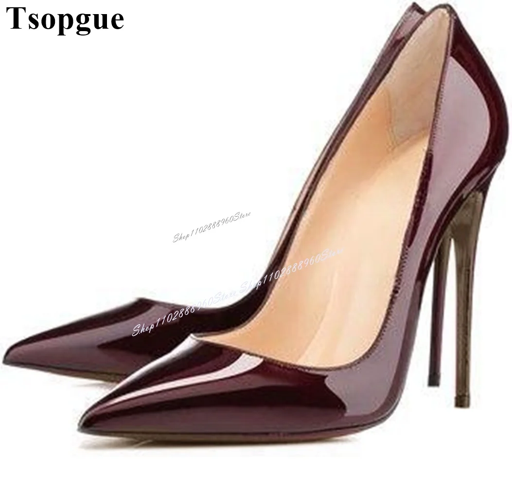 Sierlijke Bordeauxrode Lakleer Ondiepe Pumps Stiletto 'S Hoge Hak Damesschoenen Slip-On Puntige Teen 2024 Sexy Zapatos Para Mujere