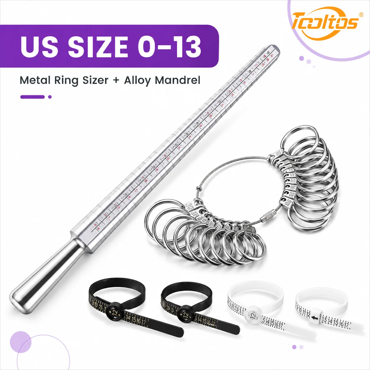 TOOLTOS 6PCS Ring Size Measuring Set US 0-13 Alloy Mandrel Finger Gauge Ring Sizer Belts Jewelry Sizing Tools for Jewelers
