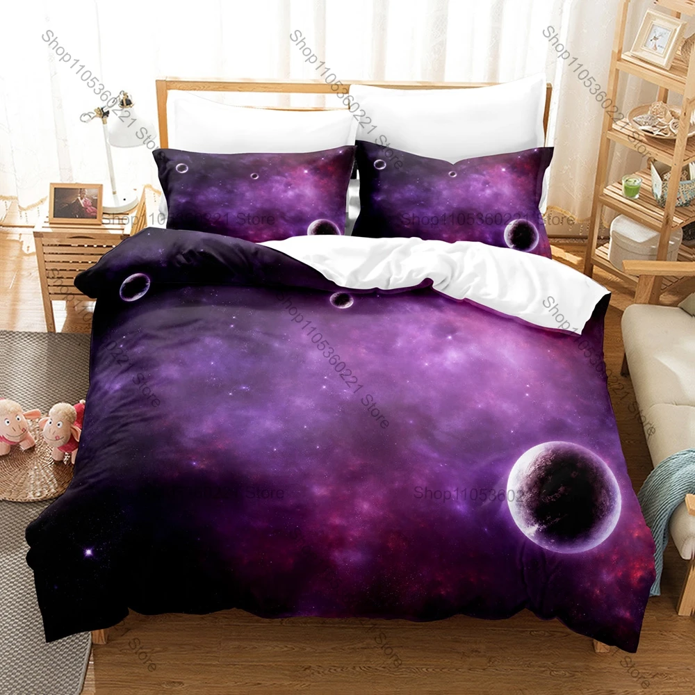 Space Planets Bedding Set, Duvet Cover + 2 Pillowcases Cosmic Pattern Bed Linens for Home & Dorm Decoration