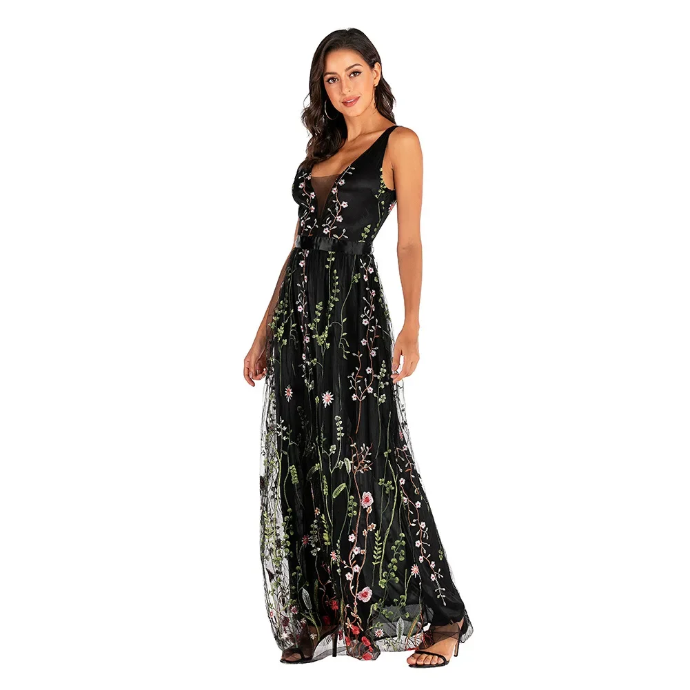 2025 Sexy Deep-V Sleeveless Embroidered Flower Backless Women Party Dresses Long Maxi Dress Mujer Vestido Plus Size 3XS-10XL