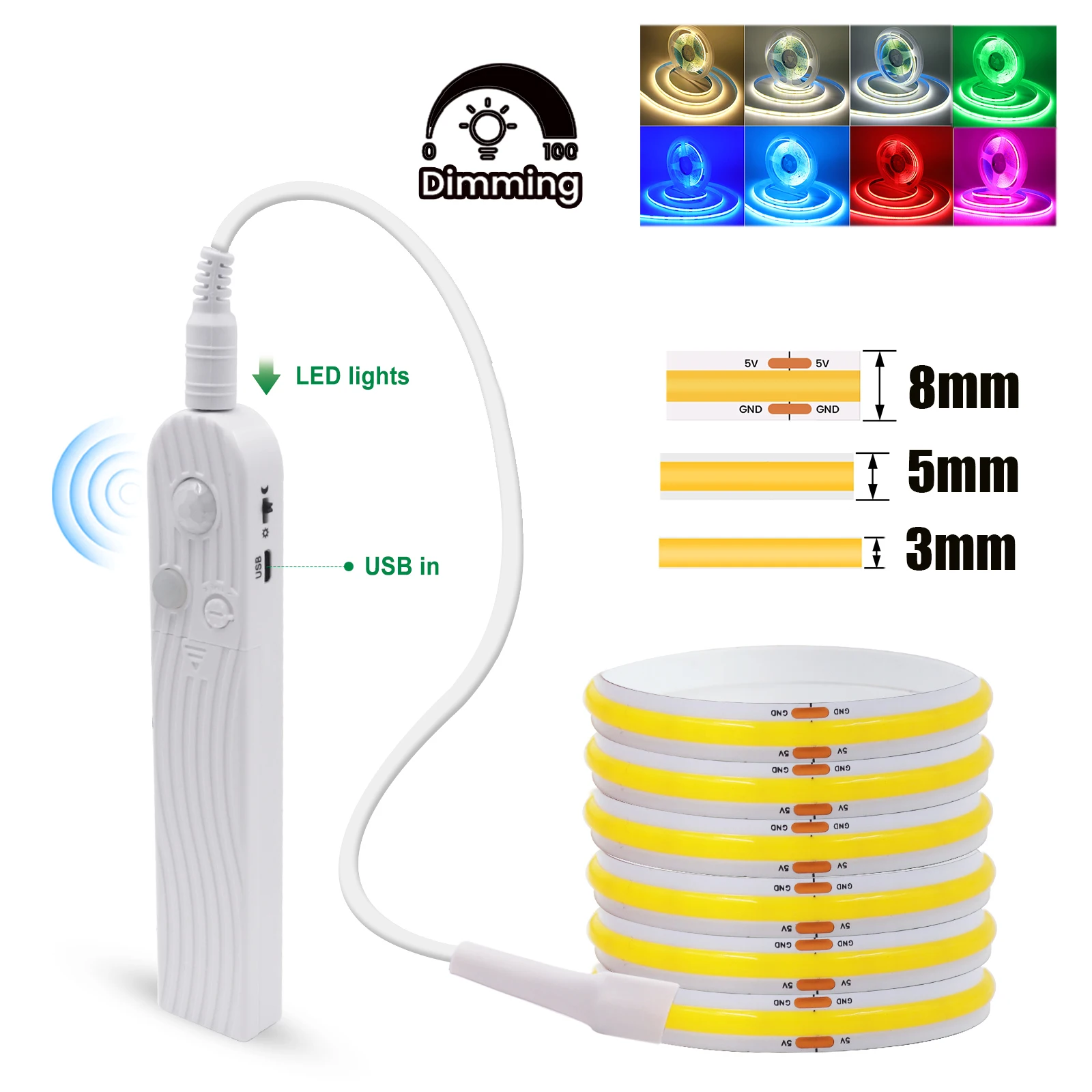 Motion Sensor COB Strip Green/White/Ice Blue/Pink/Yellow/Pink 3MM 5MM 8MM Battery Powered Flexible Ribbon Rope LED Cabinet Light
