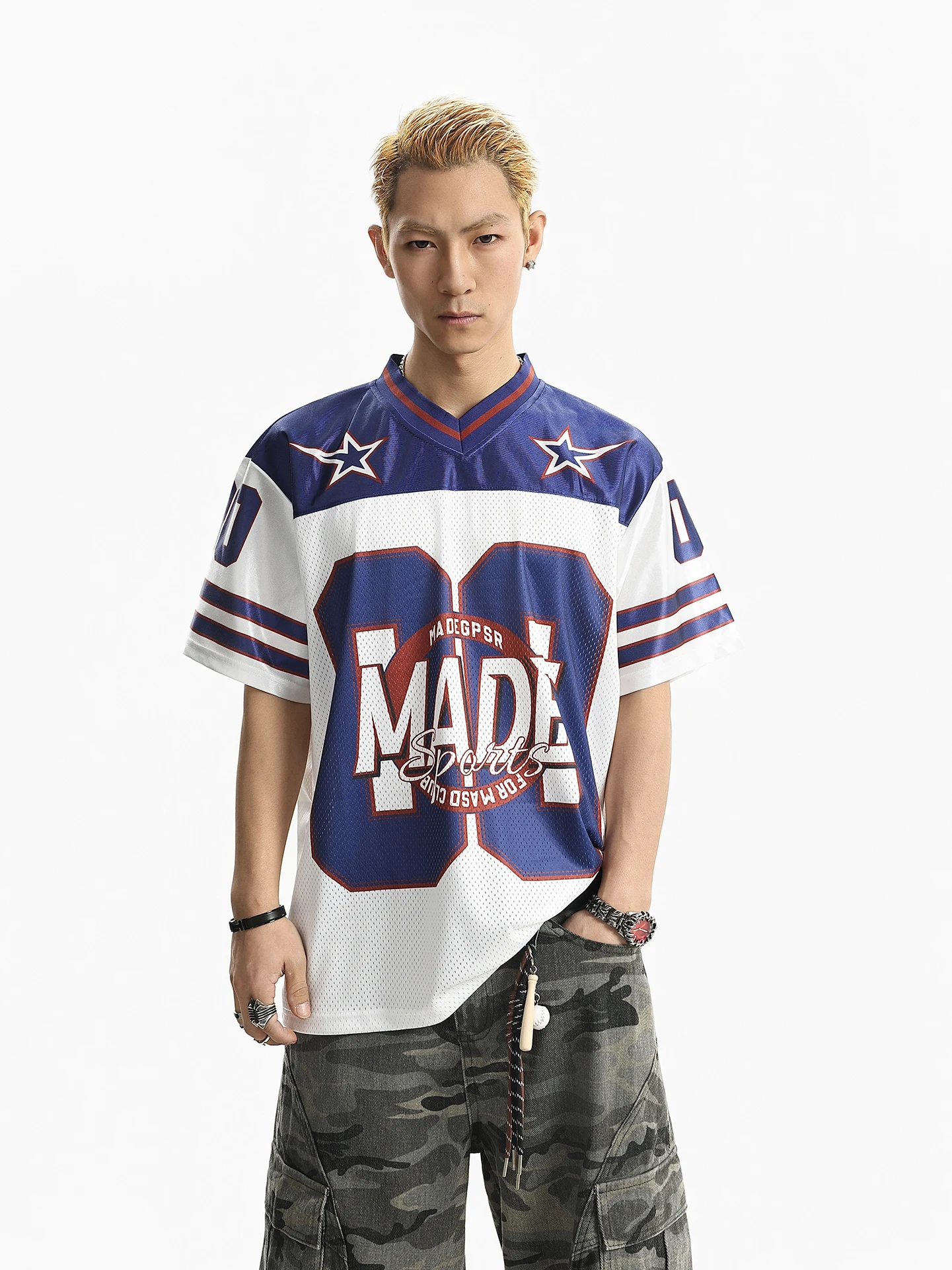 

BETEBULE American High Street V-neck Short Sleeve T-shirt Men Summer Trendy Loose Sport Top Printed Color Block Street Style