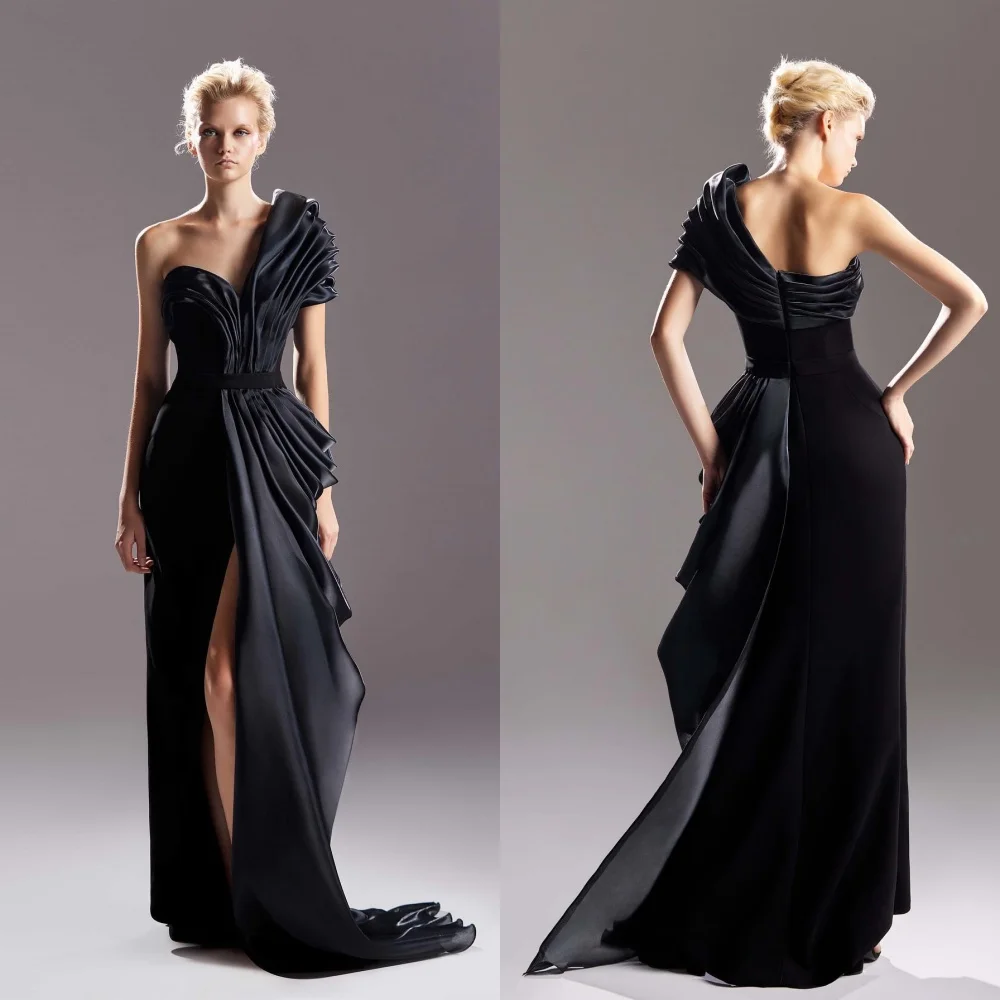 Exquisite One-shoulder Sheath Floor Length Evening es Draped Satin Customized