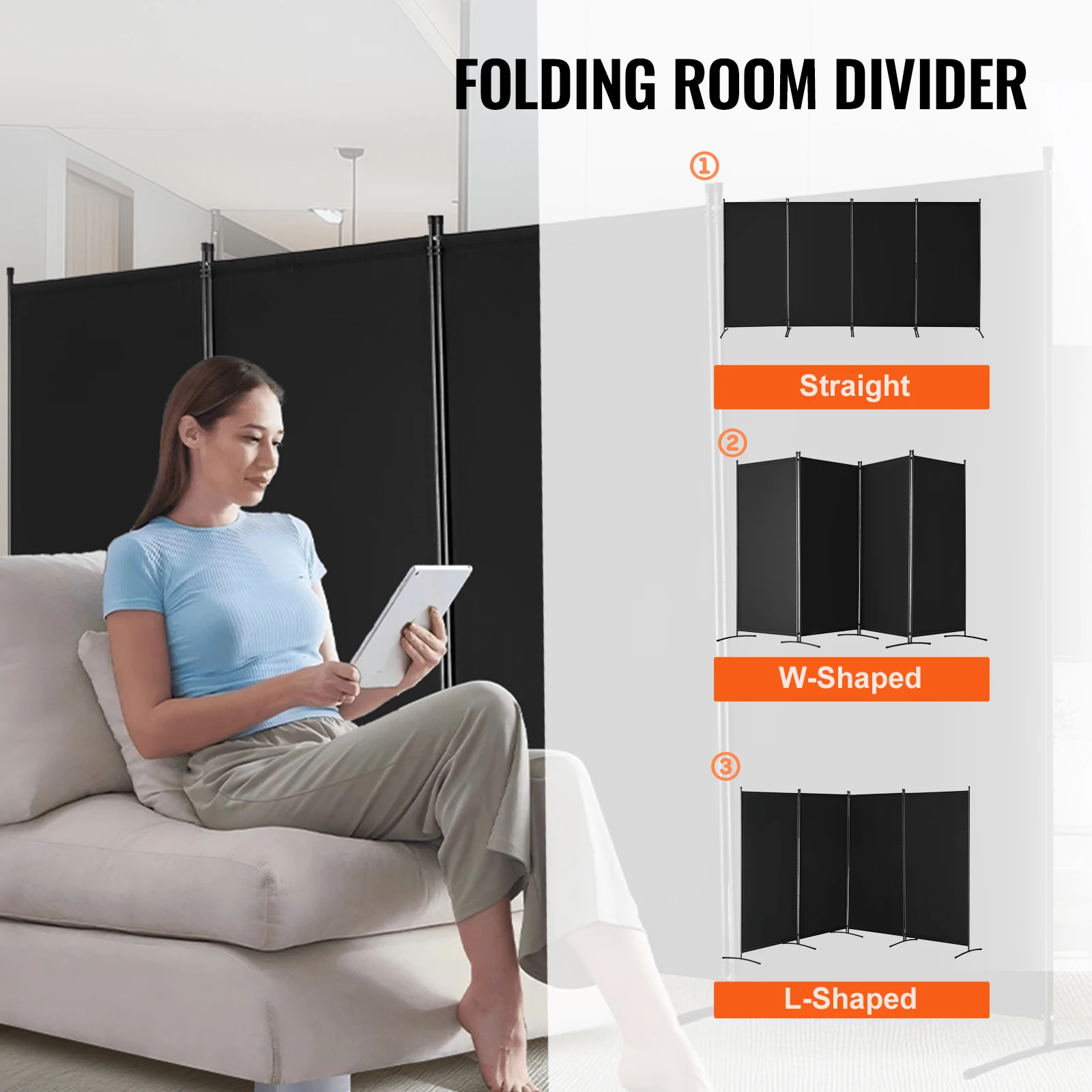 VEVOR Biombo Separador de Ambientes de 3464 x 1840 x 520 mm, Separador Plegable de Ambientes de 4 Paneles Mampara de Privacidad para Interiores, Separador de Ambientes para Oficina, Dormitorio, Negro