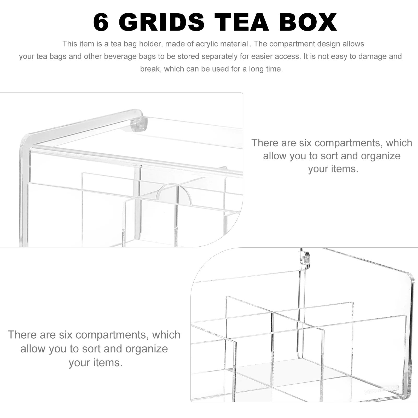 

6 Grids Tea Bag Storage Box Acrylic Organizer Dustproof Compact Kitchen Holder Beverage Bags Sugar Coffee Jewellery Box