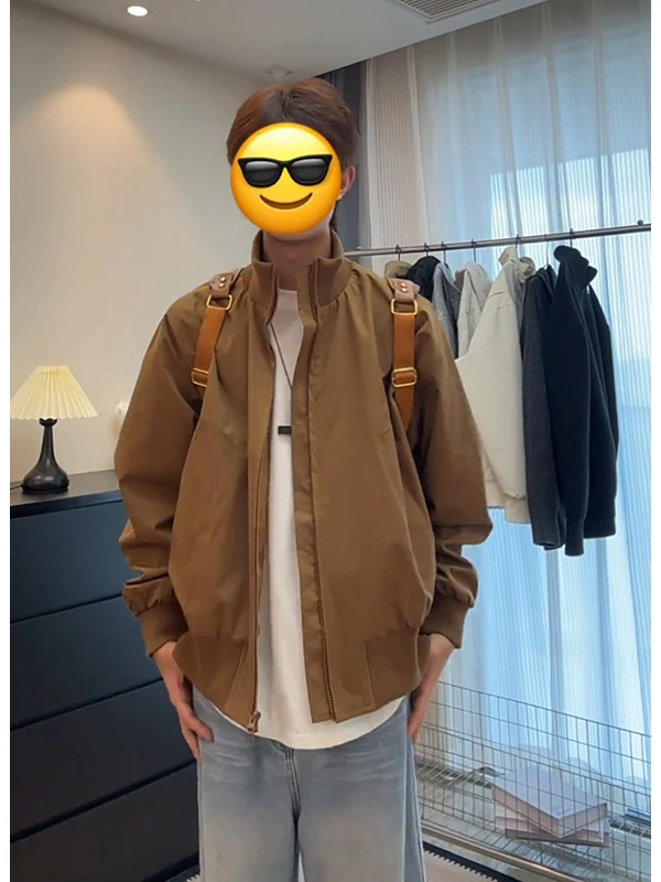 

Мужская коричневая куртка-бомбер в американском стиле, осенняя, с воротником-стойкой, бейсбольная, для активного отдыха, верхняя одежда