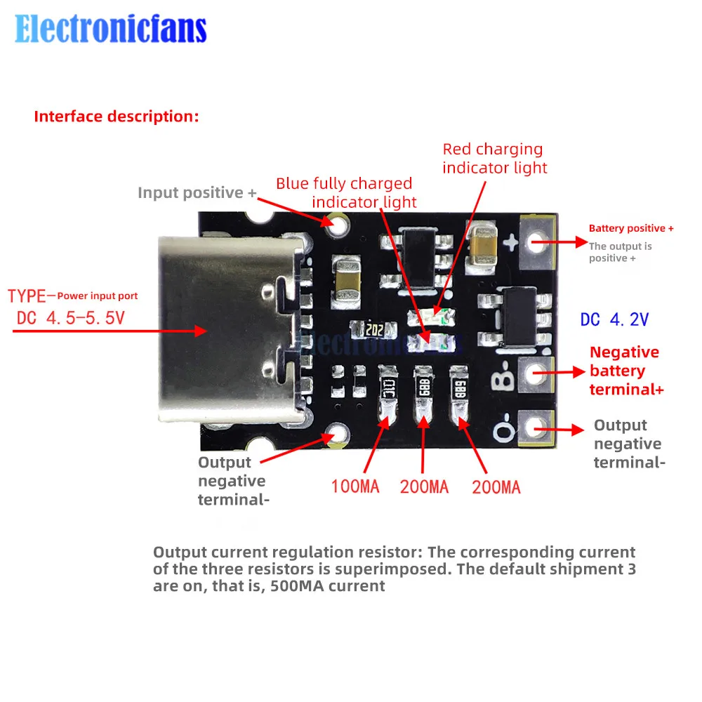 DC 5V do 4.2V interfejs TYPE-C trójskładnikowy akumulator litowy rozładowanie zintegrowane płytka ładująca 500/400/300/200/100mA