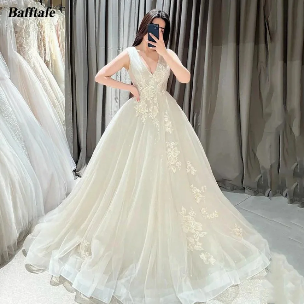 

Bafftafe A Line Appliques Lace Wedding Dresses V-Neck Organza Beach Wedding Bridal Gowns Bride Formal Party Bride Dress 2024