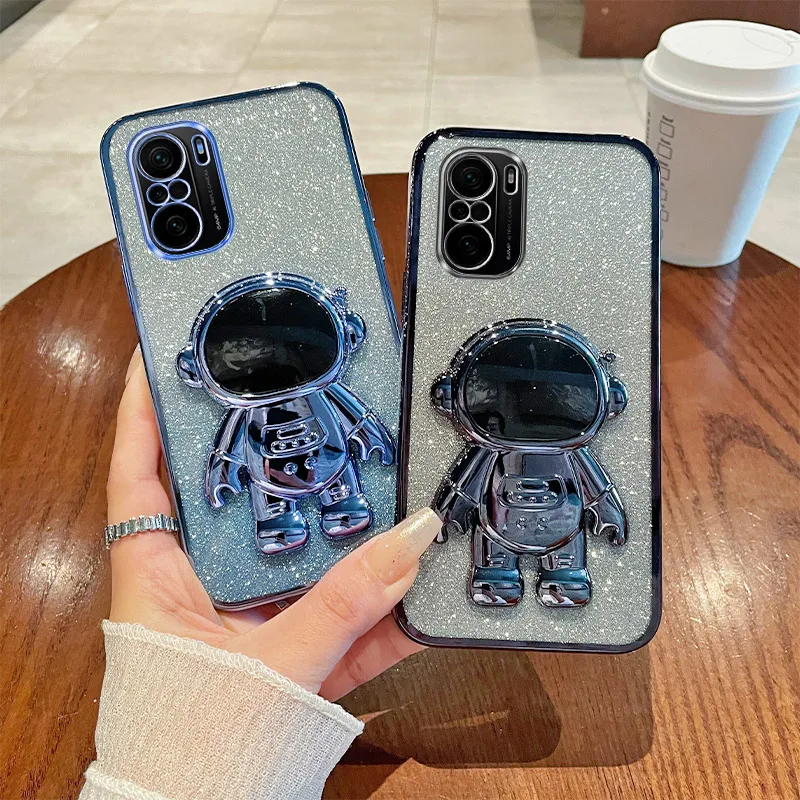 

For Redmi K40 K40Pro Phone Case Redmi K40 Case Plating Gradient Glitter Astronaut Holder Cover RedmiK40 Back Cover Redmi K40 Pro