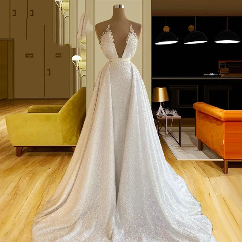 

Customized Romantic Mermaid Deep V-Neck Wedding Dress Sparkle Sleeveless Detachable Train Robe De Soirée