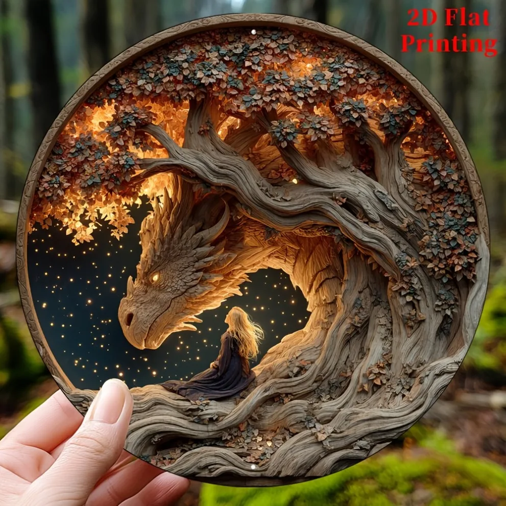 Böhmisches rundes Metallschild, 20,3 x 20,3 cm, Walddrachen-Schatten-Wanddekoration für Haus und Garten